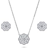 BERRICLE Sterling Silver Flower Cubic Zirconia CZ Halo Fashion Necklace and Earrings Set for Women, Rhodium Plated