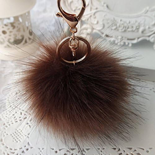 18 K Gold Plated Keychain with Plush Cute Fox Fur Ball Keychain for Car Key Ring Handbag Tote Bag 10cm 3.9IN (Dark Coffe)