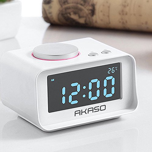 AKASO Alarm Clock, Radio Alarm Clock - USB Charging Alarm Clocks, Digital Alarm Clock for Bedroom with Snooze Function, 5 Dimmer Brightness, Thermometer Phone Charger with Dual Port USB, White - Thumbnail 5