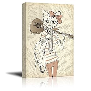 Creative Animal Figure on Vintage Paper Canvas Wall Art - Miss Cat a Guitar - Giclee Print Gallery Wrap Modern Home Art Ready to Hang - 12x18 inches