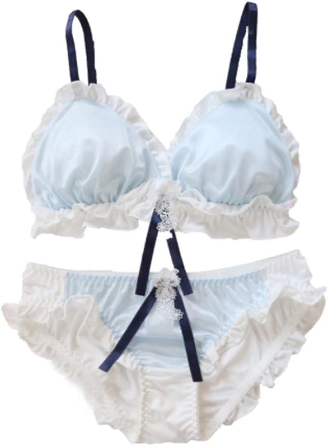 Amazon Somnus258 Lolita 青 リボン ブラジャー セット かわいい ブラ ショーツ セット 福袋 かわいい 下着 女性 セット ノンワイヤー 安い パンツ レディース 下着 ショーツ レディース セクシー ランジェリー L セット 通販