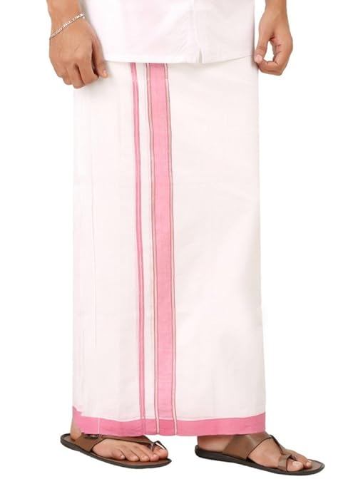 Men's Cotton Silk Fancy Border Double Dhoti (Pink, Free Size)