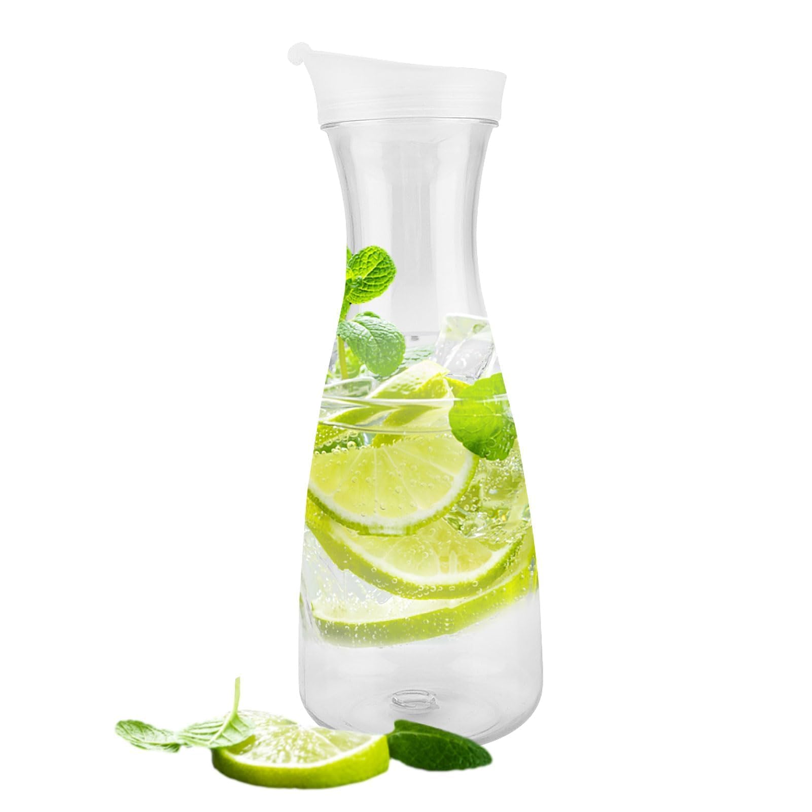 Water Carafe with Flip Top Lid, 1000ml Acrylic Clear Plastic Pitcher Decanter Water or Juice Pitchers Round Base Juice Containers for Cocktails, Lemonade, Punch, Sangria, Beers