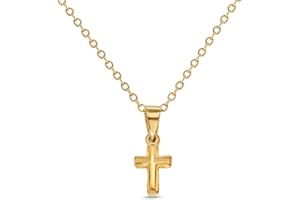 In Season Jewelry Cross Pendant Gold Necklace - Small Catholic Kids Cross Necklace for Girls & Boys - 16 Inch Chain Child-Siz