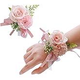 ARTFLWS 2PCS Rose Flower Wrist Corsage Boutonniere Set Handmade Artificial Corsage Set Bride Hand Flower Men Boutonniere for Wedding Party Prom Decorations (Pink)