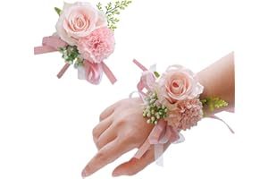 ARTFLWS 2PCS Rose Flower Wrist Corsage Boutonniere Set Handmade Artificial Corsage Set Bride Hand Flower Men Boutonniere for Wedding Party Prom Decorations (Pink)