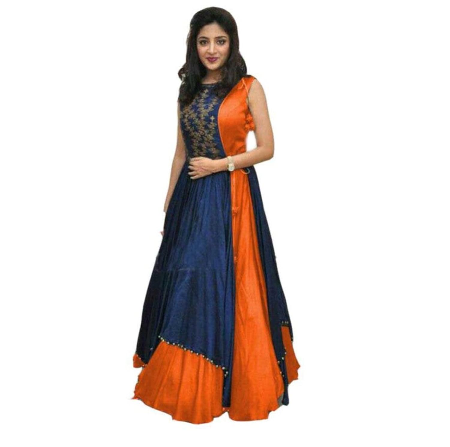jiyan fashion banglori silk embroider blue clour semi-stiched free size indo western women's gown (semi-stiched)