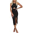 oten Women's Casual Sleeveless Cutout Twist Front Side Slit Ribbed Knit Party Bodycon Midi Dresses