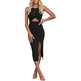 oten Women's Casual Sleeveless Cutout Twist Front Side Slit Ribbed Knit Party Bodycon Midi Dresses