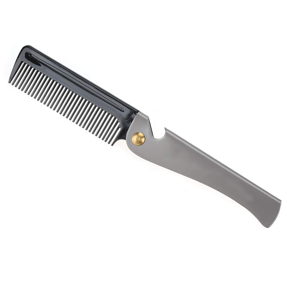 Pocket Folding Beard Comb, Stainless Steel Moustache Comb, with Smooth Round Teeth, for Men Grooming, Beard Maintenance Tool (Black + stainless steel plating)