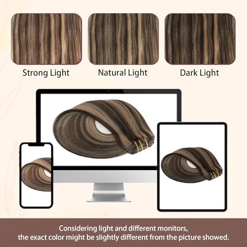 Sassina Clip in Hair Extensions Real Human Hair Chocolate Brown Highlighted Caramel Blonde Double Weft Clip ins for Women 16 Inch Human Hair Full Head 8 Pcs 120 Grams #P4-27