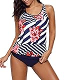 Yonique Women 2 Piece Blouson Floral Printed Tankini Top with Triangle Briefs Swimsuit Set