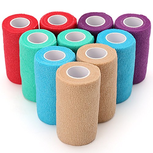 10 Pack Self Adherent Cohesive Wrap Bandage, 4" x 5 Yards, Self Adherent Wrap, First Aid Tape, Elastic Medical Tape, Athletic Sports Tape for Sports, Wrist, Ankle, Sprains, Assorted Colors