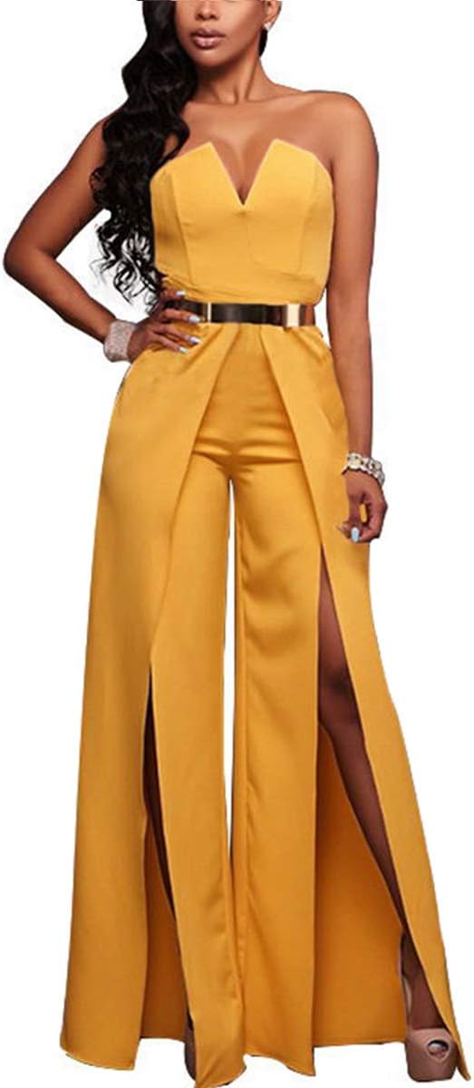 Women's Sexy Tube Top Strapless Split Wide Leg Jumpsuits Rompers Without Belt Yellow L