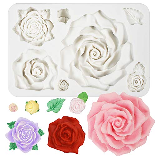 FUNSHOWCASE Large Roses and Flower Bud Fondant Candy Silicone Mold for Cake Decor, Cupcake Topper, Chocolate, Epoxy Resin Jewelry Casting, Homemade Soap, Candle Making, 7 Cavity Sizes 13x8.6x2.3cm