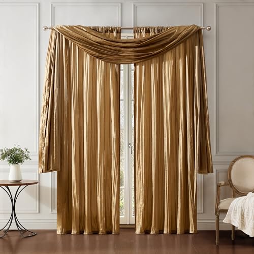 Elrene Home Fashions Athena Faux Crushed-Silk Window Curtain Panel and Valance Set, 52x84 (2 Panels) & 1 Valance, Gold