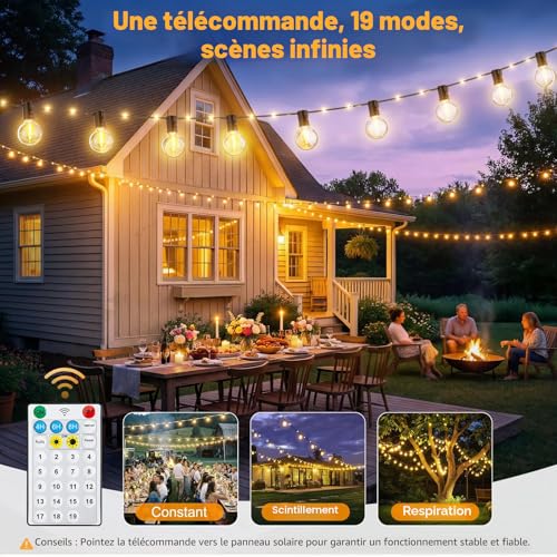 Outdoor Solar String Lights, 12M/39.4Ft Solar String Lights with 14+1 G40 Bulbs and 26 LED Beads, 19 Modes Waterproof IP44 Outdoor String Lights for Garden, Terrace, Wedding, Party