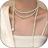 Pearl Beaded Layered Long Necklace for Women,Dainty Round Ball Pearl Wedding Choker Necklace 1920s Jewelry,Simple Baroque Pearl Neck Accessories