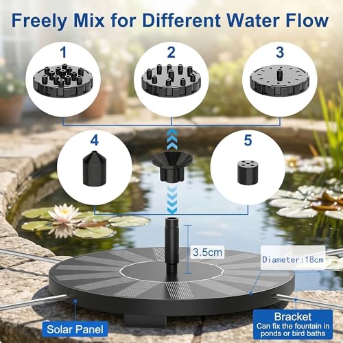 Outdoor Solar Garden Fountain with 6 Nozzles & 4 Fixed Rods, Outdoor Solar Pump for Bird Bath Aquarium Garden