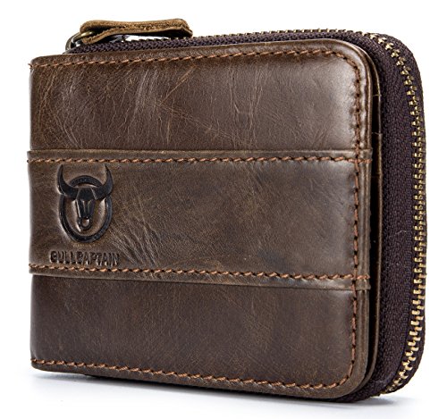 Mens Leather Wallet Zipper RFID Blocking Wallets Coins Purse (Deep brown)
