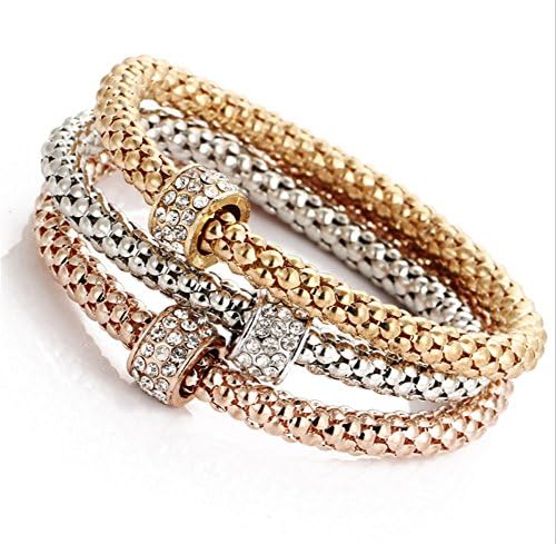 RIOER Stretch Bracelets I’s 3PCS Gold/Silver/Rose Gold Corn Chain Crystal Charms Multilayer Bracelets for Women