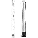 tifanso Muddler for Cocktails, 10" Muddler and Long Handle Bar Cocktail Mixing Spoon, Stainless Steel Stirrer, Bar Accessorie