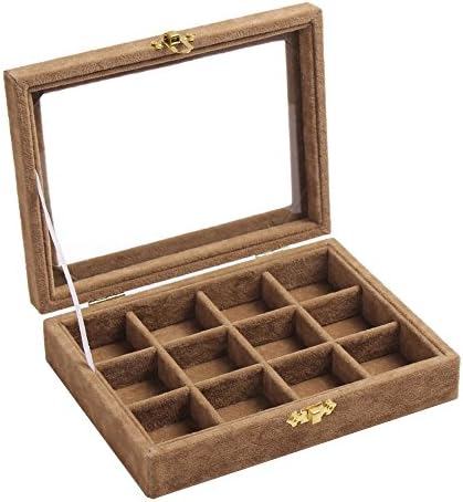 New Wayzon 12 Grids Jewelry Holder Organizer Box Storage Case Earrings Rings Disply with Lock for Women Girls (Brown)