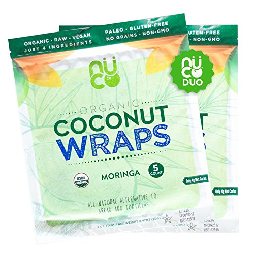 NUCO Certified ORGANIC Paleo Gluten Free Vegan "Moringa" Coconut Wraps, 10 Count (Two Packs of Five Wraps Each)