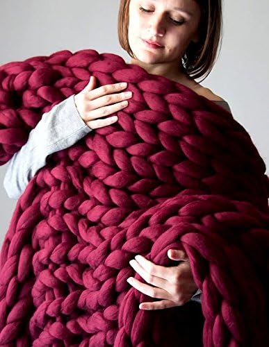 Mynightwish Chunky Knitted Thick Blanket Yarn Bulky Knit Throw Sofa Blanket (Wine Red, 6060cm)