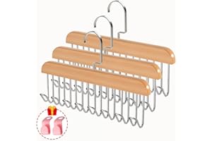 PLOWATXI Bra Hangers 3 Pack - with 16 Non-Slip 360Rotating Metal Hooks for Tie, Hat, Bra, Wooden Multi Hook Hanger - Saves Space