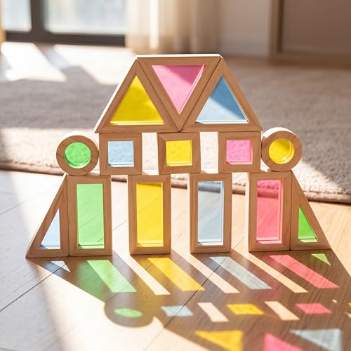AM ANNA Rainbow Wooden Building Blocks for Toddlers 1-3, 24 Pcs Rainbow Stacker Stacking Game Construction Building Toys Set, Preschool Colorful Learning Educational Toys Boys & Girls