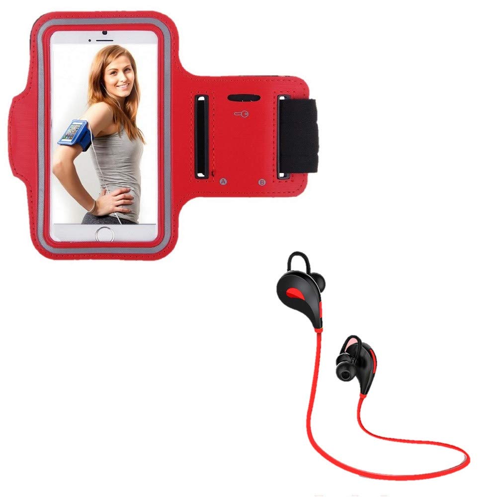 Sport Pack for Motorola Moto E6 Plus Smartphone (Bluetooth Sports Earphones + Armband) Running T6 (Red)