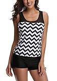 Chenghe Womens Sporty Padded Push Up Tankini Top Boyshort Bottom 2 Pieces Swimsuit Black M