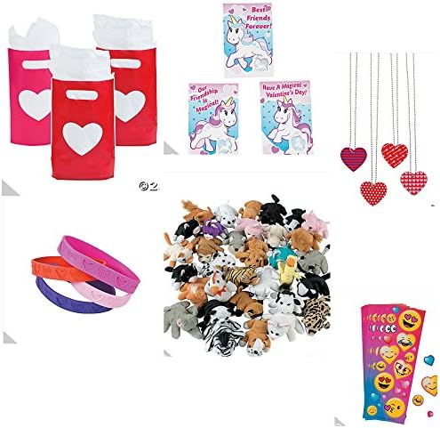 Valentines Day Party Favors for 6 Heart Boxes (6) Plush Animals (6) 3D Glasses with 3D Cards (6) Big Eyes Rings (6) Disney Princess &amp; Plane Candy Cards
