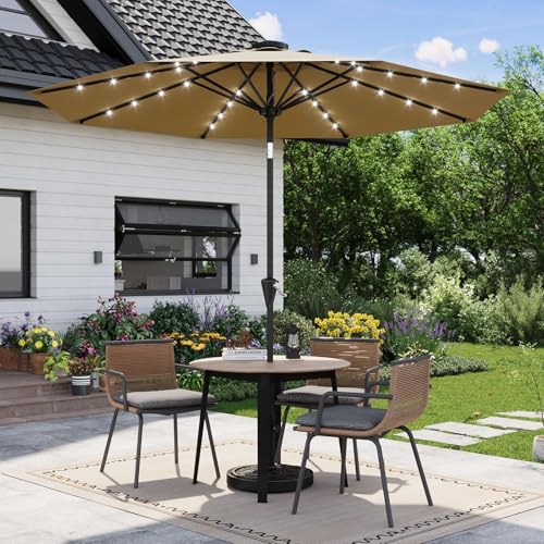 GarveeHome Ombrellone Da Giardino Solare 3 m Con 32 Luci LED, Protezione UV, Sollevamento a Manovella, Inclinazione Regolabile Con Pulsante, Per Terrazzo e Giardino