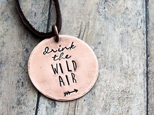 Drink the Wild Air Inspirational Stamped Quote Copper Pendant Necklace for Outdoor and Nature Lovers