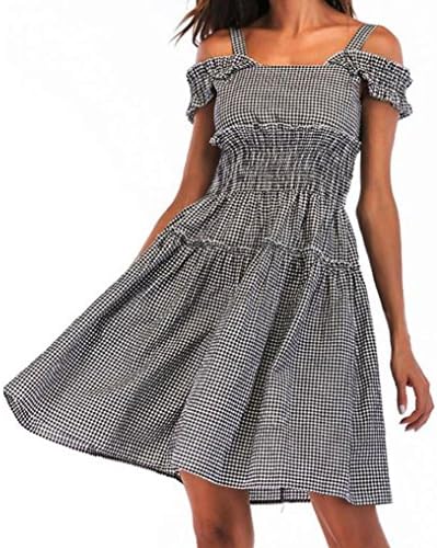 Kxnet Women's Boho Dress,Summer Sexy Strap Off Shoulder Elastic Waist Ruffled Lattice Party Beach Midi Dresses (L)