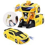 VLSEEK Remote Control Transform Car, Newest RC Vehicle Transforming with One-Button Deformation, Rechargeable 360°Rotating Stunt Racing, LED Head Light, Gift for Kid (Yellow)
