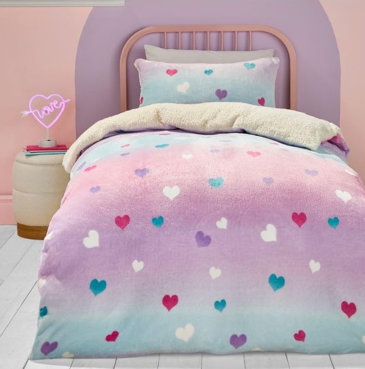 Bedlam Pink Heart Teddy Fleece Duvet Cover – Single Size 140x200cm – Soft & Cosy Ombre Bedding for Girls – Rainbow Quilt Cover with Love Heart – 1 Pillowcase – Fluffy Kids Bed Set