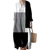 Akivide Women's V Neck Boho Floral Linen Maxi Dress Casual Plus Size Long Sleeve Beach Vacation Tunic Dresses with Pockets