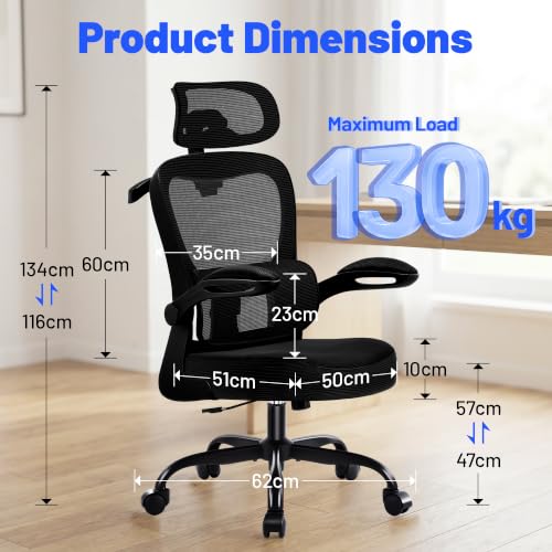 Coscendo Ergonomic Office Chair with Headrest & Lumbar Support, Black | 150 KG Max Load, Breathable mesh backrest, height adjustable swivel chair with rollers, suitable for office & home office