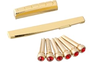 LYWS Set 6PCS Acoustic Guitar Brass Bridge Pins Crystal Dot w/Slotted Nut & Saddle(76mm) (Red Crystal Dot)