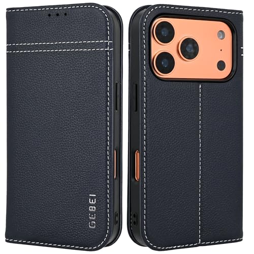 Gebei Hülle Echt Leder für iPhone 17 Pro (6,3") - Premium Echte Lederhülle mit Standfunktion Kartenfach Magnetverschluss Flip Case Ledertasche Handyhü