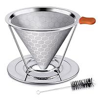 E-PRANCE Honeycombed Stainless Steel Coffee Filter, Reusable Pour Over Coffee Filter Cone Coffee Dripper with Removable Cup Stand and Bonus Brush