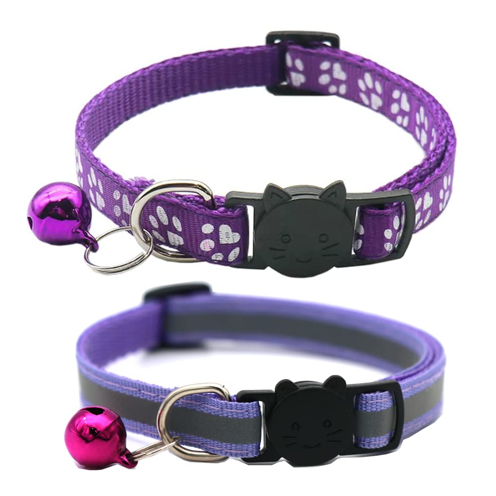 Hepplly Pack of 2 Cat Collars Quick Release Reflective Kitten Collar with Bell (Purple)
