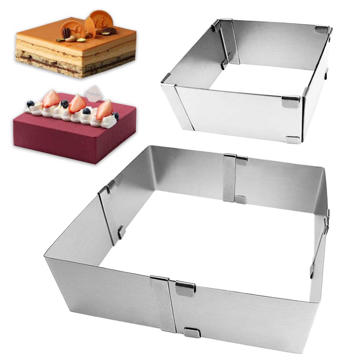 LNQ LUNIQI 2Pcs Adjustable Square Mousse Mold,Retractable Stainless Steel Mousse Cake Circle Dessert DIY Baking Mold Tool for Cake Shop Home