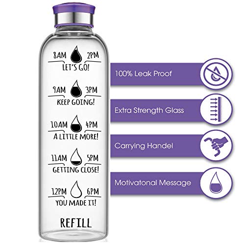 HydroMATE 32 Oz Motivational Glass Water Bottle with Time Marker Leak