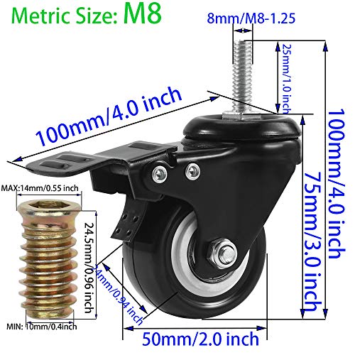 DICASAL Swivel Casters 2 Inch Metric Thread Size Stem Wheels Castors PU