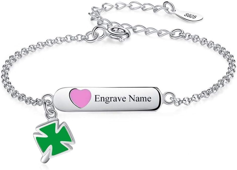 lonfenner Sterling Silver Bracelet,Sweet Lovely Bracelets 925 Sterling Silver Clover Heart Charm Adjustable Buckle Chain Bracelet For Girls Kids Jewelry Gift