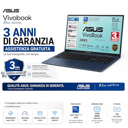 ASUS Notebok Vivobook, Intel Core 7 150u 10Core, DDR5 Ram 16Gb, PCI Nvme 1TB SSD, WI-FI 6, Webcam, Usb3.2, HDmi, BT5.3, QWERTY Keyboard, 3 Year Warranty, Blue Edition, Preconfigured